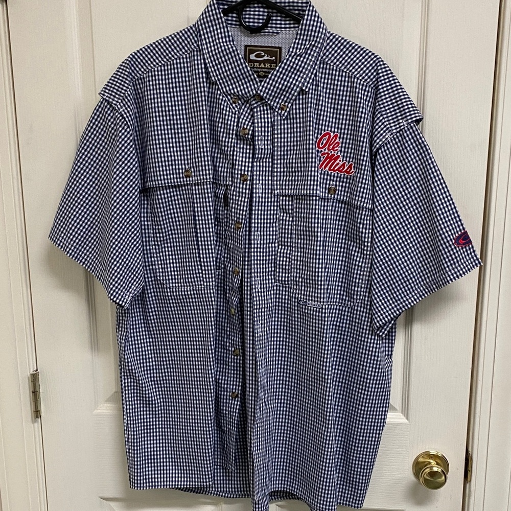 Drake XL Men's Blue Checkered button down Ole Miss logo Shirt